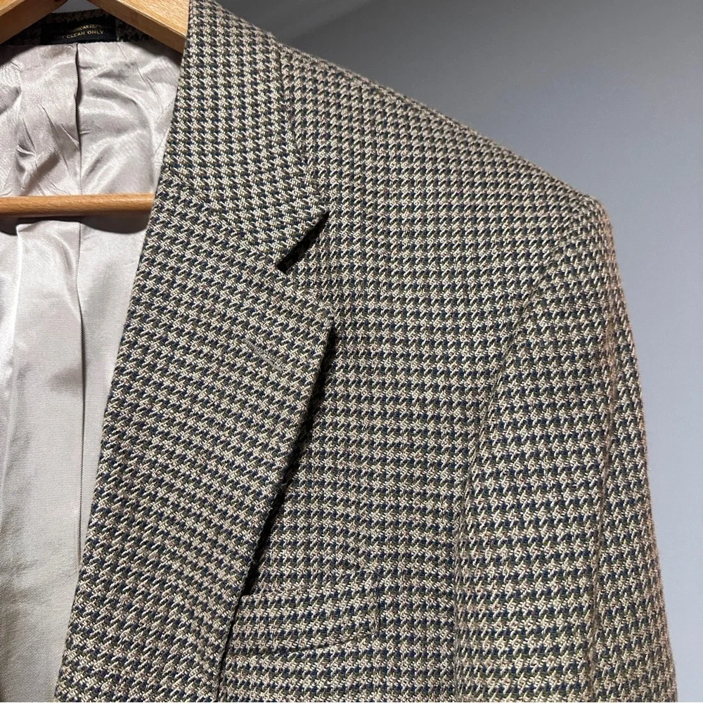 Vintage 80s Andhurst Tan Beige Houndstooth Wool Blend Sport Coat Mens Size 46L
